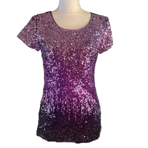 NWT Glitter Sequin Ombré Purple Short Sleeve Blouse Small Sparkle Party Top - Picture 4 of 15